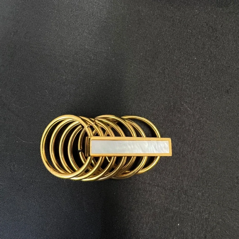 Gold Tone Multi Band Cage Ring Mother of‎ Pearl Inlay Rectangular Bar Size 4.5